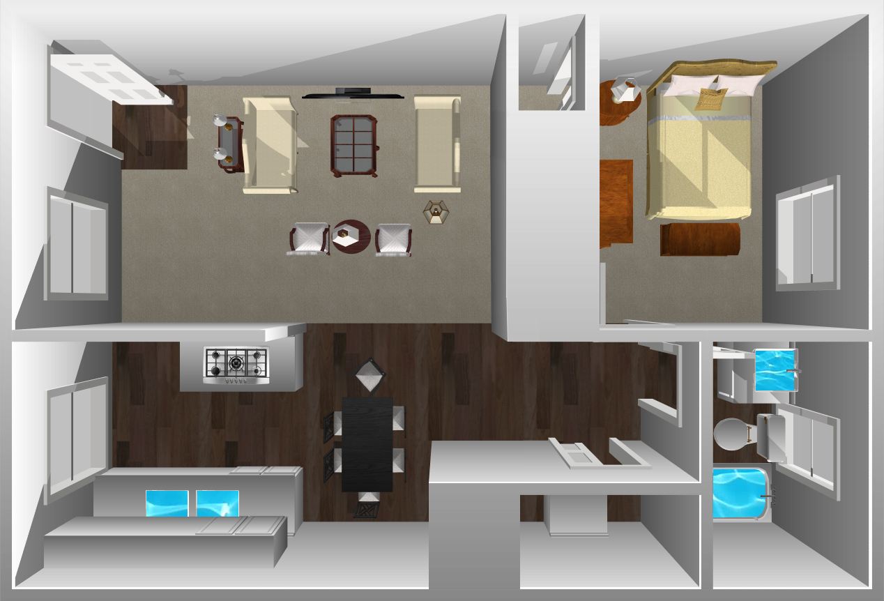 This image is the visual 3D representation of 'Plan A' in White Sands Apartments.