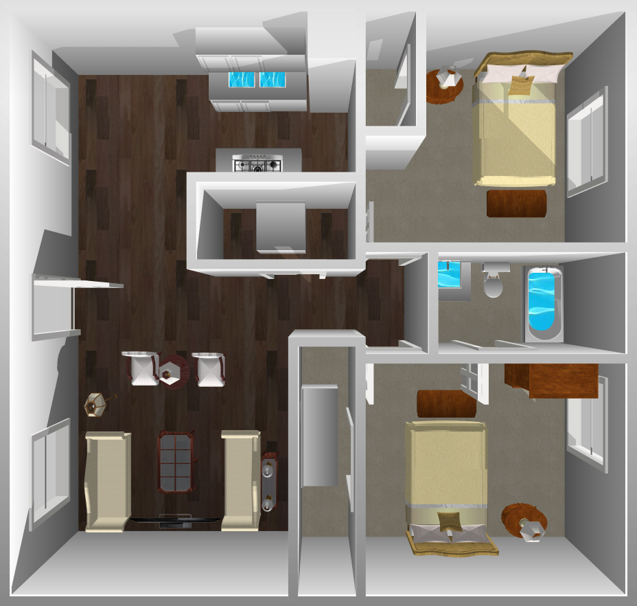 This image is the visual 3D representation of Plan B in White Sands Apartments.